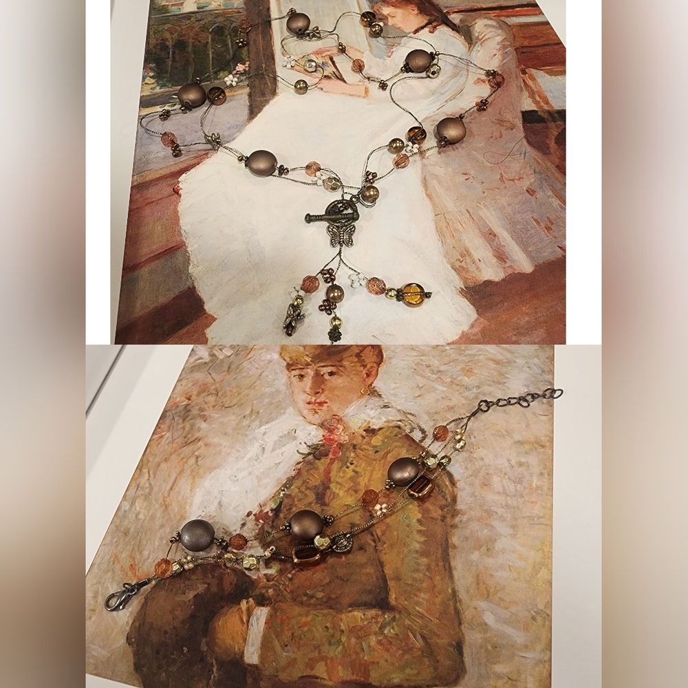 2 Pieces - Vintage Brown and Orange Beaded Necklace and Bracelet Matching Sets